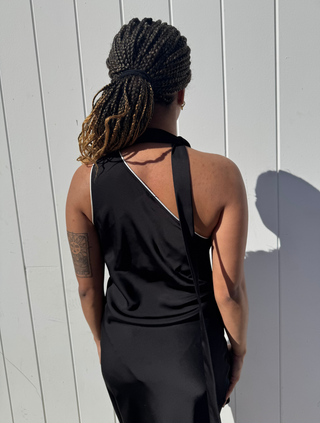Bonnie Black Satin One Shoulder Scarf Dress