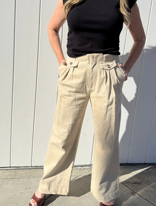 Wide Leg Pleaded Bone Denim Pants