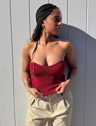 Rey Ruby Red Lurex Ribbed Corset Top