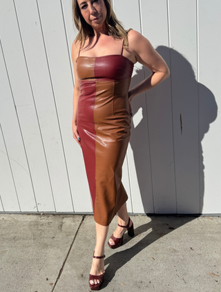 Alix Color Block Vegan Leather Midi Dress