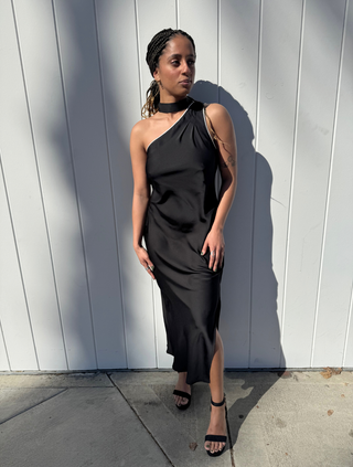 Bonnie Black Satin One Shoulder Scarf Dress