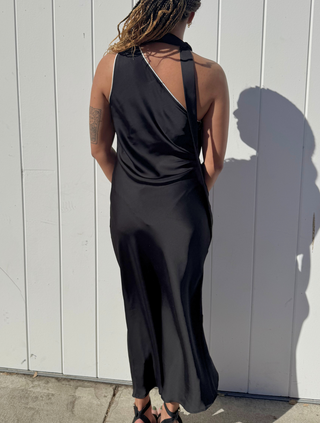 Bonnie Black Satin One Shoulder Scarf Dress