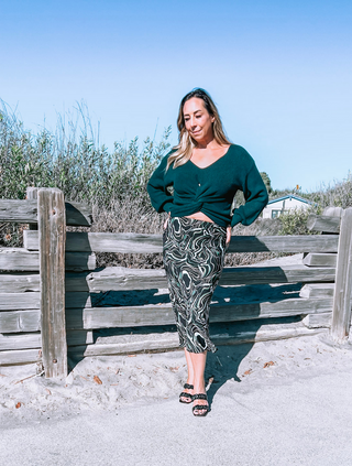 Green Scott Twisted Front V-Neck Cropped Knit Sweater
