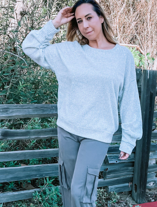 Plus Size Heather Grey Ruched Sleeve Ribbed Sweater