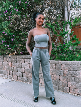 Grey Strapless Ribbed Bustier Top with Drawstring Lounge Pant Set