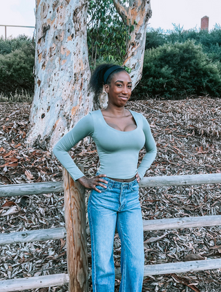 Avocado V-Neck Long Sleeve Cropped Tee