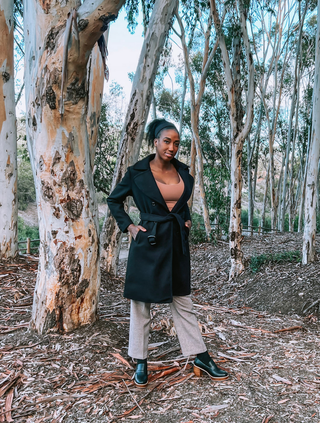 Black Winter Coat with Button Front and Tie Belt