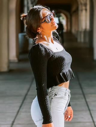 Black Square Neck Cropped Cable Sweater