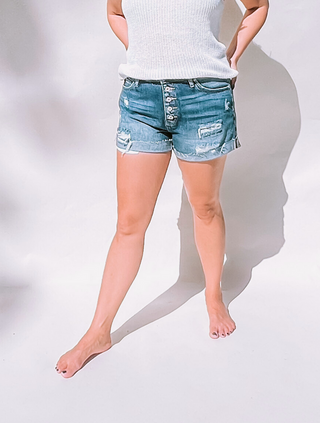 High Rise Button Fly Single Cuff Denim Shorts