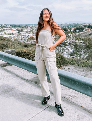 ON SALE- Washed Olive Strapless Cargo Jumpsuit