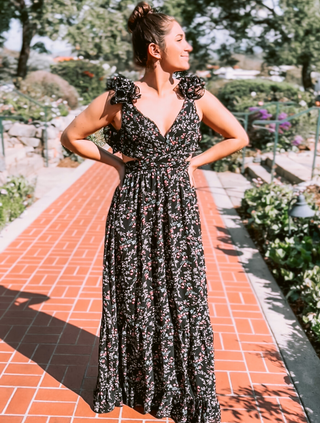 Floral Print Cutout Maxi Dress with Ruffle Straps