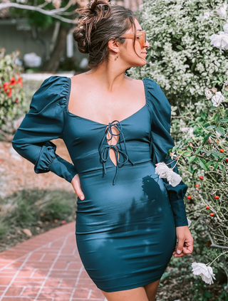 ON SALE- Dark Teal Lace-up Puffy Long Sleeve Dress
